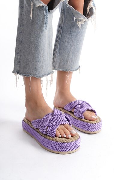 YASEMİN Artemisia Women's Purple Cross Rope Open Front Flat Heeled Straw Slippers