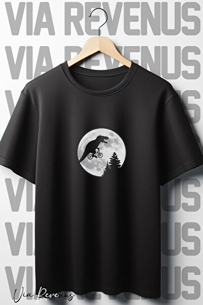 Vordevia تيشيرت أسود كبير الحجم مطبوع عليه ديناصور ET، مقاس واسع، رقبة دائرية