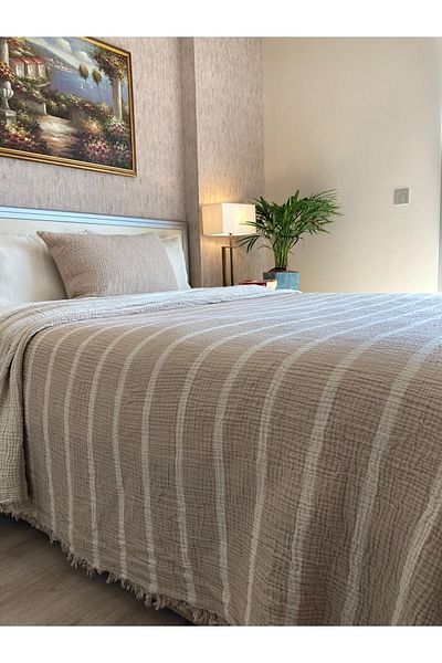 YASEMİNİNEVİ Mink Striped King Size Muslin Bedspread/Pique