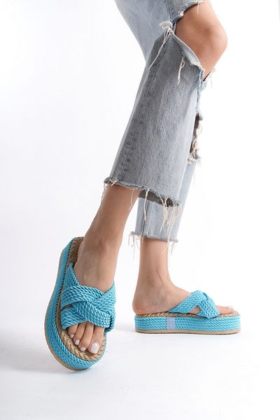 YASEMİN Papuci de damă Artemisia Blue Cross Rope, cu toc deschis, cu toc plat