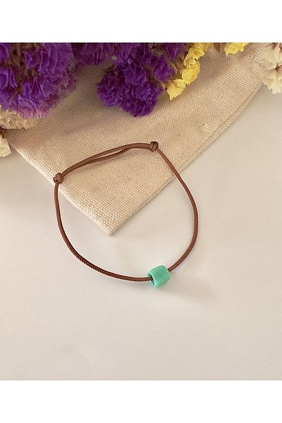 Atelier Çağla Mint Green Glass Square Cube Brown Rope Bracelet
