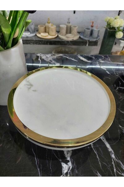 Sümeyra Marble Art Natural White Marble Leg - Gold Detail - Cake Stand