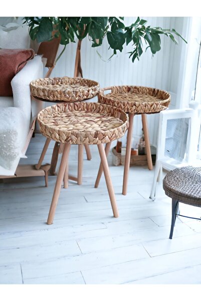 Toprak Design Üçlü Bohem(30cm)  Su sümbülü Sehpa,  Hasır Zigon Sehpa, Tasarım...