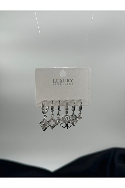 MywJewelery VİP 6 Lı Gümüş Yonca Detay Zirkon Taşlı Özel Tasarım Küpe