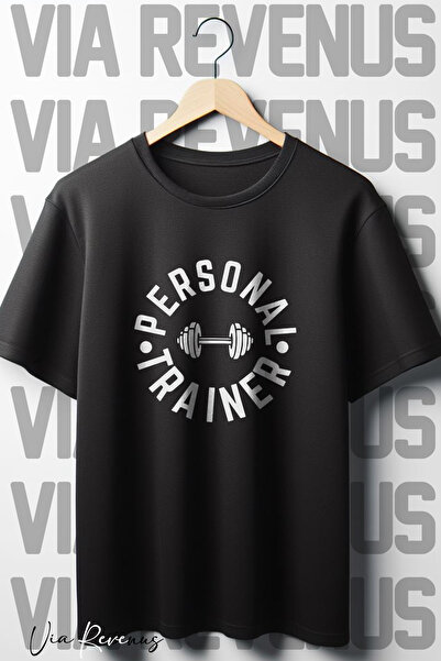 Vordevia Personal Trainer Baskılı Oversize Geniş Kalıp Bisiklet Yaka Siyah Tshirt