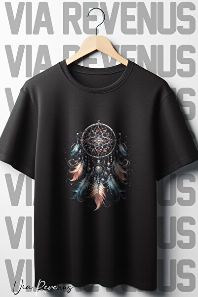 Vordevia Oversize kroj okrugla kragna Crna majica - Hvatjač snova Štampano