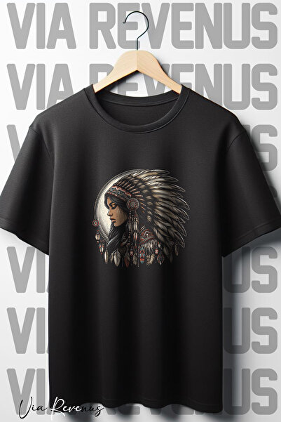 Vordevia Femei - Tricou negru oversize nativ american, cu guler rotund