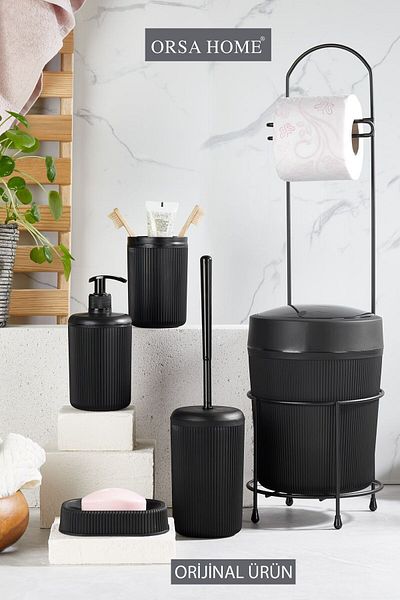 ORSA HOME Μαύρο σετ μπάνιου 6 τεμαχίων - θήκη χαρτιού υγείας με μεταλλική βάση, βούρτσα και θήκη οδοντόβουρτσας