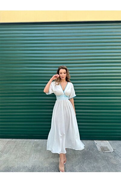 Rabia Çelik Bel Detaylı Beyaz Midi Elbise