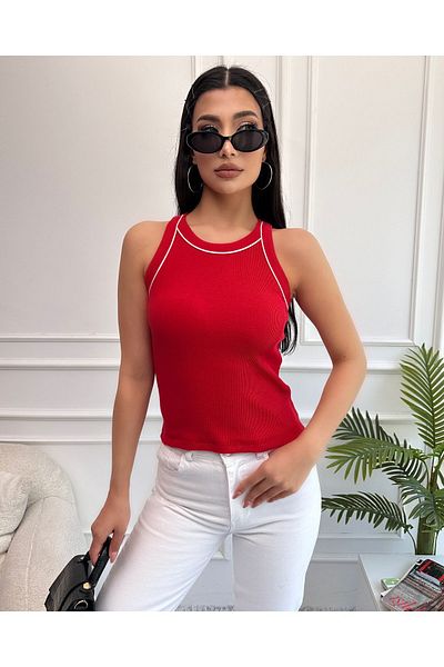 Chicup Red Corded Knitted Blouse - Halter Neck and Intermediate Piping