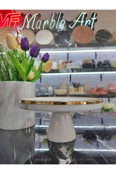 Sümeyra Marble Art Natural White Marble Leg - Gold Detail - Cake Stand