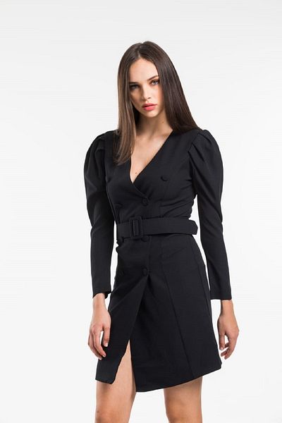 YOUR STYLE Γυναικείο μαύρο μπαλόνι μανίκι ζώνη με λεπτομέρειες New Season Jacket φόρεμα Nkt-krn-002