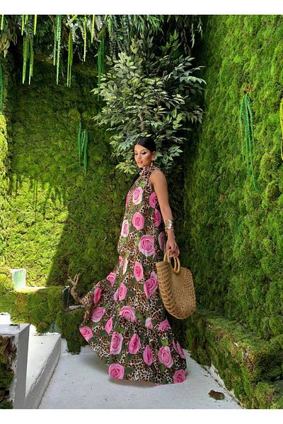 S&A Collectionn Rochie de damă cu imprimeu leopard cu trandafiri florali, cu croiala relaxată - decolteu