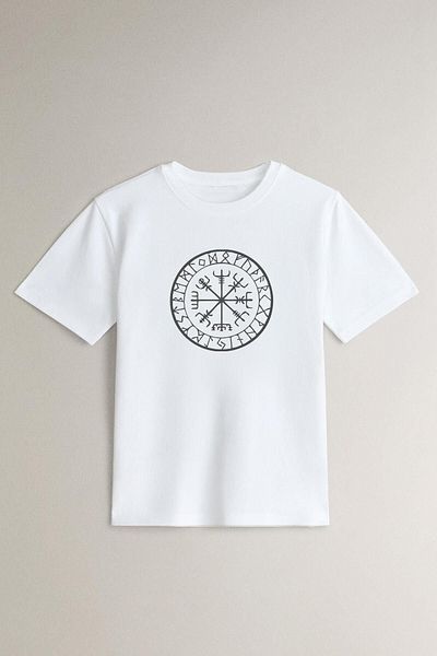 Boi Tricou alb-negru cu imprimeu supradimensionat cu compas Vikings - Tricou cu mânecă scurtă din bumbac pieptănat simplu