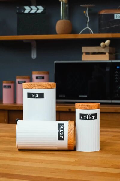 UCR HOME 3'lü Set Metal Çay Kahve Şeker Saklama Kavanozu - Beyaz