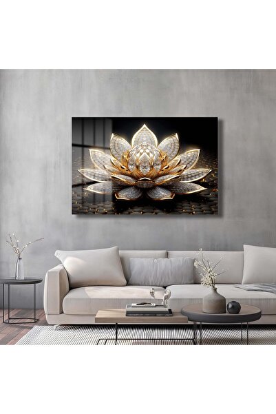 GLAZELLA ELMAS LOTUS ÇİÇEĞİ DEKORATİF YATAY CAM TABLO,OTURMA ODASI,OFİS,SALON TABLO