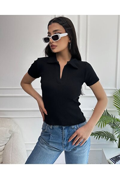Chicup Γυναικεία πλεκτή μπλούζα μαύρη με λαιμόκοψη πόλο