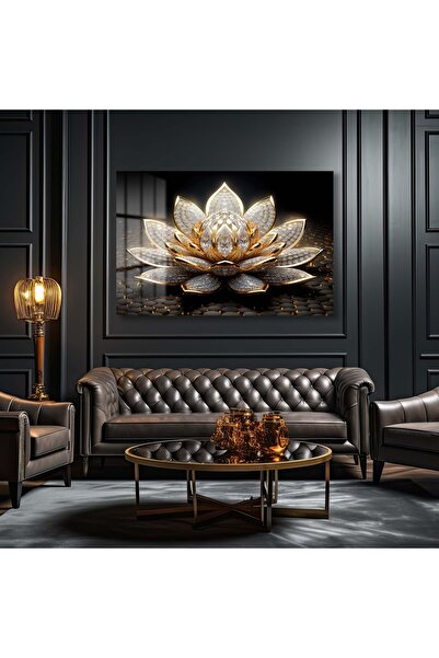 GLAZELLA ELMAS LOTUS ÇİÇEĞİ DEKORATİF YATAY CAM TABLO,OTURMA ODASI,OFİS,SALON TABLO