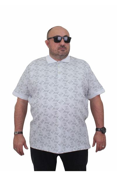 MocGrande Men's Large Size Polo Neck Triangle Printed T-Shirt 24450 White