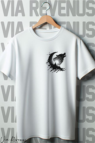 Vordevia White Oversize T-Shirt - Gray Wolf Printed, Crew Neck