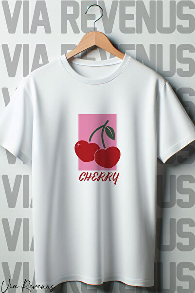 Vordevia Bela Oversize kroj T-shirt - Trešnja Štampano, okrugla kragna