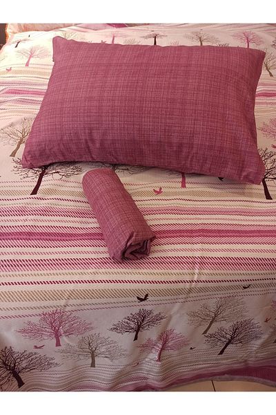 ŞENER HOME New Tree of Life Patterned Bed Sheet with Elastic Double Pique Set - Pink