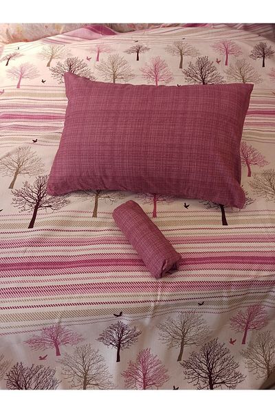 ŞENER HOME New Tree of Life Patterned Bed Sheet with Elastic Double Pique Set - Pink