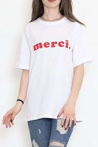 Boi Γυναικείο μπλουζάκι Oversize White Merci Written - Κοντό μανίκι, χαλαρή εφαρμογή
