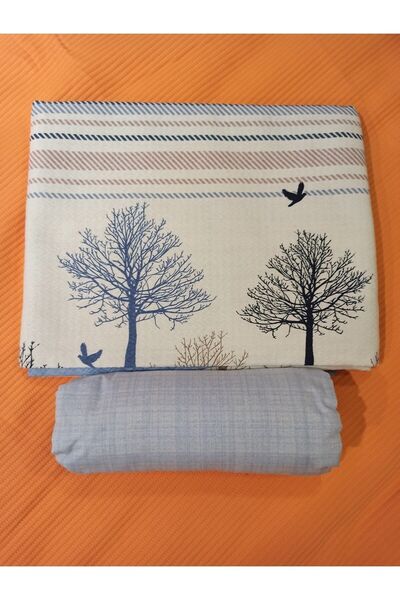 ŞENER HOME New Tree of Life Patterned Bed Sheet with Elastic Double Pique Set - Blue