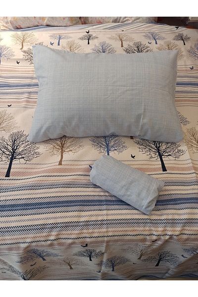 ŞENER HOME New Tree of Life Patterned Bed Sheet with Elastic Double Pique Set - Blue