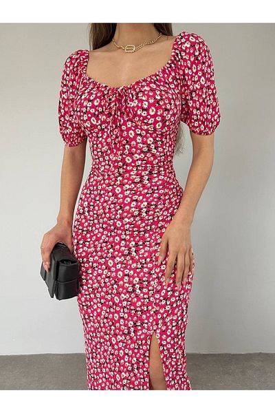 dükkan10butika Rochie de vară cu modele florale guler inimă fucsia - țesătură gresie și gresie