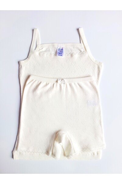 ÇebiKids Girl's 100% Cotton Ecru Retro Rope Strap Undershirt-Leg Panties Set