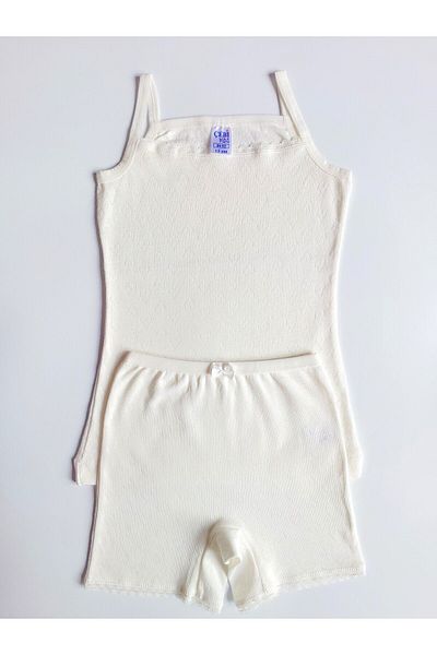 ÇebiKids Girl's 100% Cotton Ecru Retro Rope Strap Undershirt-Leg Panties Set