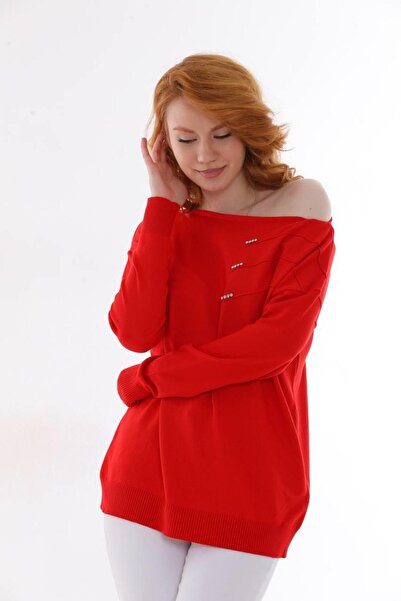Antalya Şans Butik Kadın Triko Bluz Kırmızı Bisiklet Yaka Taş İşlemeli Akrilik-Yün Kumaş Standart Beden (36-44 Beden Uy