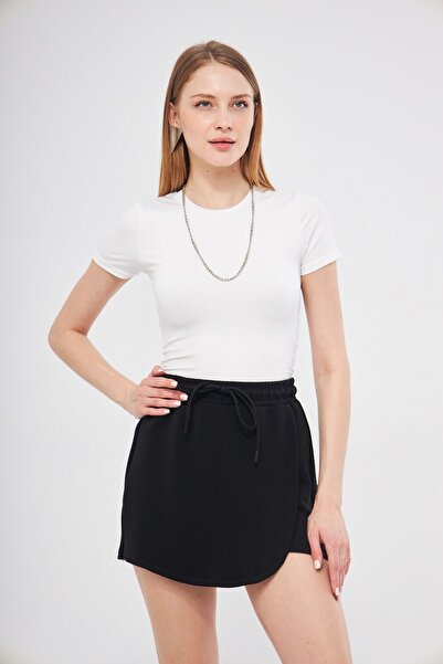 THIFF GYMWEAR Siyah Modal Karışımlı Çift Görünümlü Şort Etek – Beli Lastikli ve Bağcıklı, Örme Kadın Şort