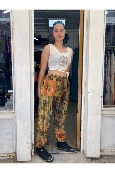 cadı otantik Nepal Patchwork Hardal Şalvar Pantalon