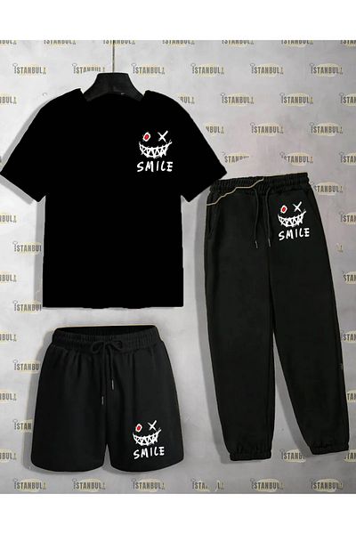 aynewmoda Smile Printed T-shirt and Shorts Set - Sweatpants