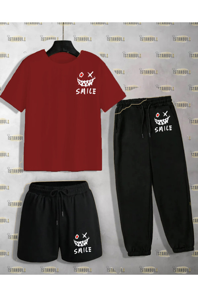 aynewmoda Комплект спортен екип с тениска и шорти с щампа на усмивка