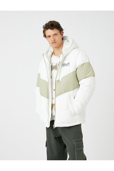Koton Puffer Jacket Hooded Slogan Printed Pocket Zippered Color Block