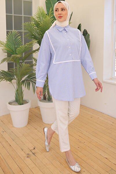 benguen 2101 Model - Blue Striped and Lace Detailed Casual Shirt