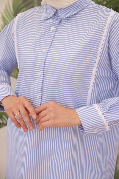 benguen 2101 Model - Blue Striped and Lace Detailed Casual Shirt