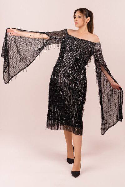 Sesto Senso Kol Detay Payetli Kısa Elbise (ss-23383)