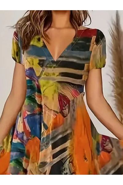 Viyamo Colorful V-Neck Flared Midi Dress - Women's, Short Sleeve, Mixed Pattern