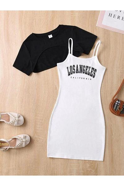 npLStore Παιδικό εμπριμέ φόρεμα & Crop T-shirt 2 τεμαχίων Συνδυασμός