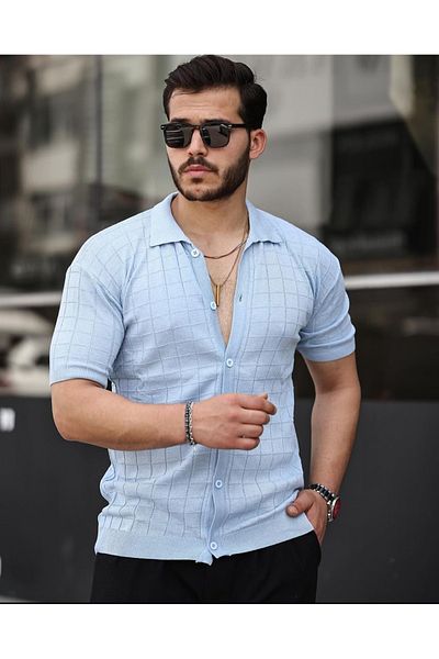 ROBERTO BORNOVA Baby Blue Knitwear Fit πουκάμισο - Πλεκτό σχέδιο με κουμπιά