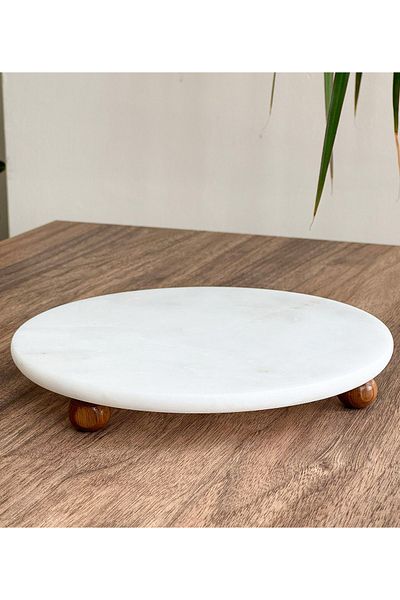 Gemboss 25 CM Natural Marble - Decorative Stand, Presentation Holder with Wooden Marble Legs