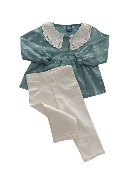 Nazar baby fisto yakalı dokuma üst kot pantolon kız takım