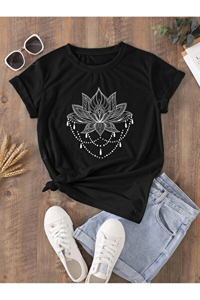 over head oh Cvet vodenog ljiljana Štampano crni Oversize kroj žene T-shirt