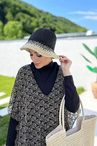 Remsa Mayo Straw Hat - Hand Knitted, Black Beige, RŞ-102