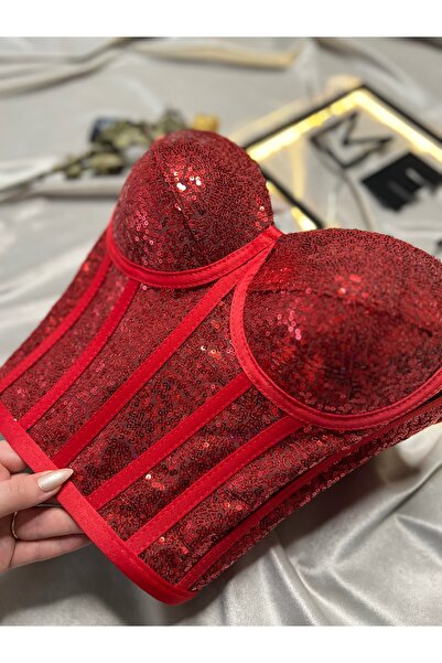 Metay Design Kırmızı Pullu Payetli Korse Büstiyer